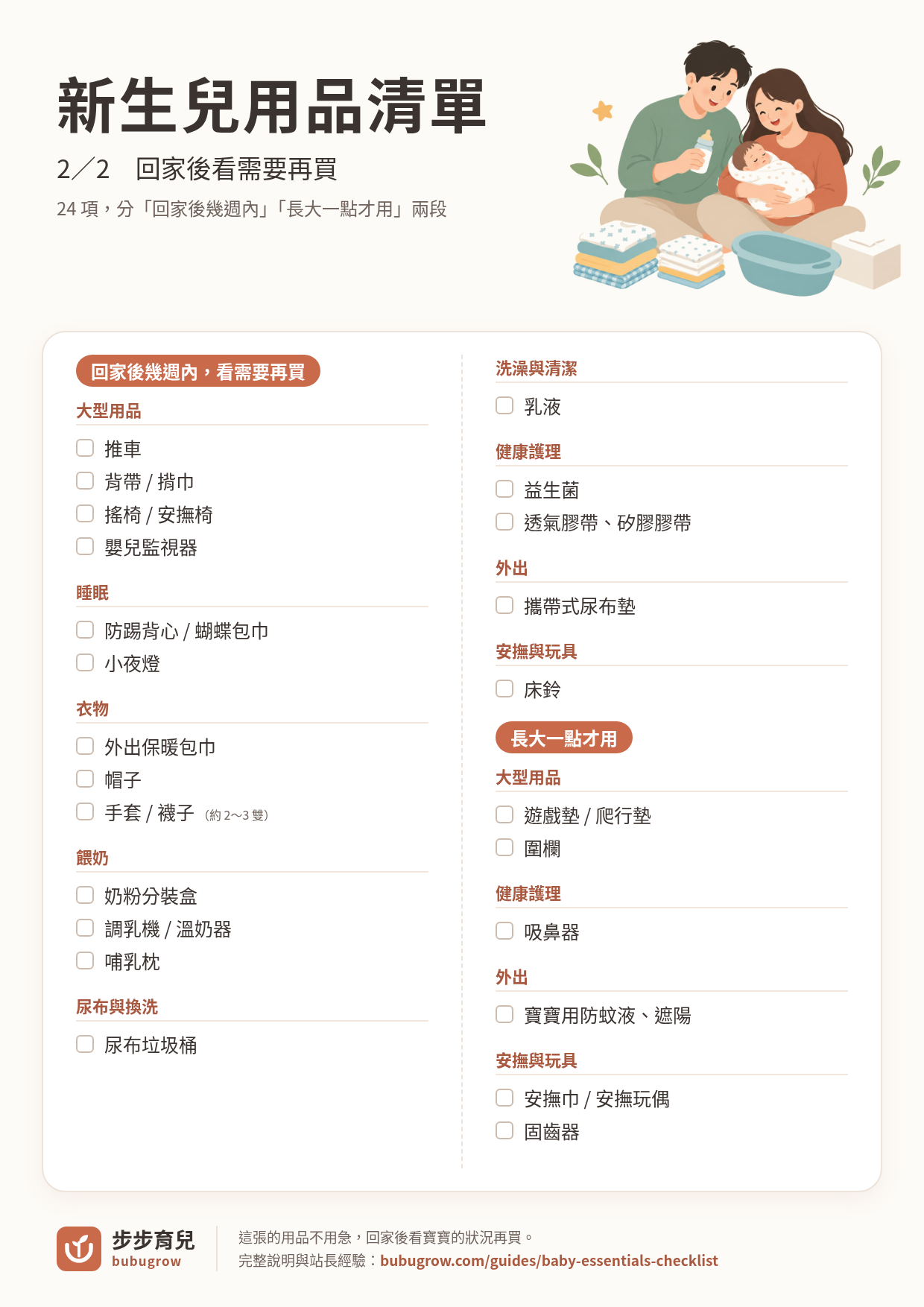 新生兒用品清單圖片第 2 張:回家後看需要再買、長大一點才用的用品勾選清單